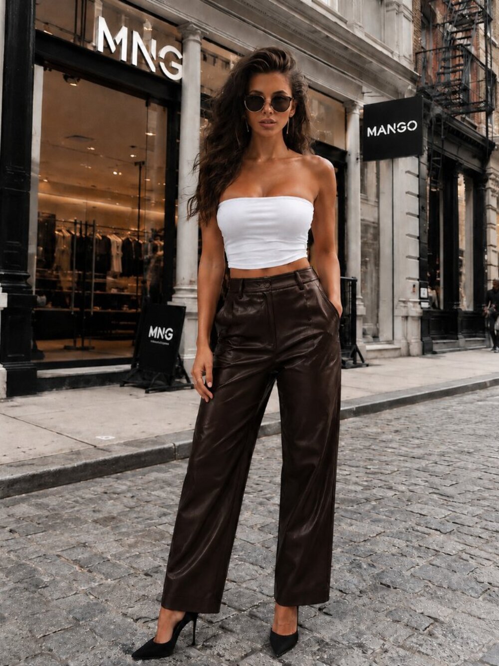 Mango Mng Straight Leg Faux Leather High Waist Brown Trousers Size 6 NWT BNWT